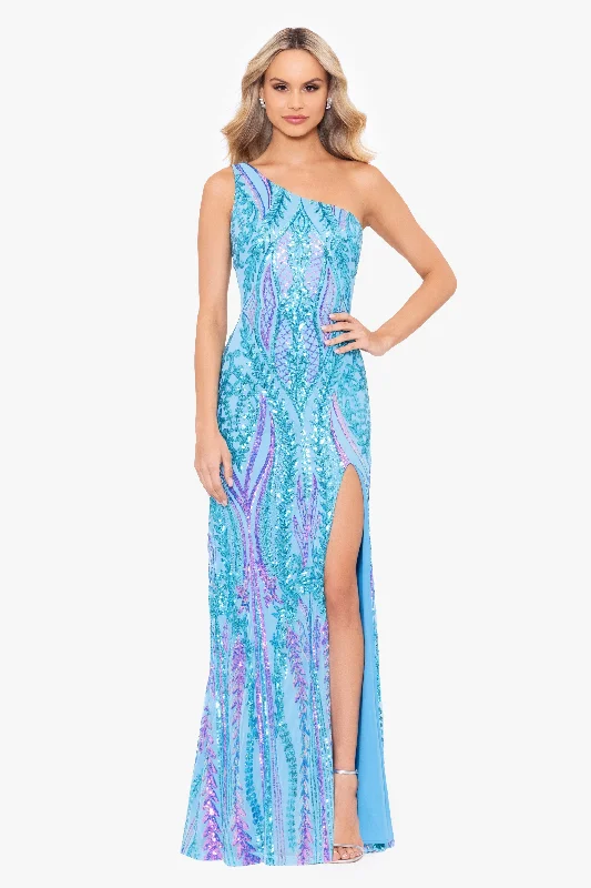 "Terri" Long Placement Sequin One Shoulder Dress