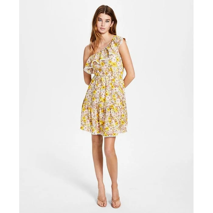 Bar Iii Women's Ruffled Lace Trim Lined Floral Sleeveless Asymmetrical Neckline Short Fit Flare Dress Yellow Size Medium