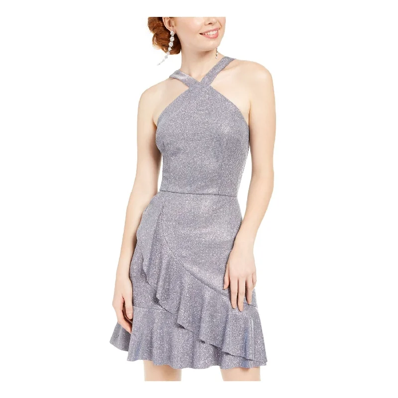 BCX Women's Glitter Ruffled Solid Spaghetti Strap Halter Short Fit Flare Party Dress Gray Size 3