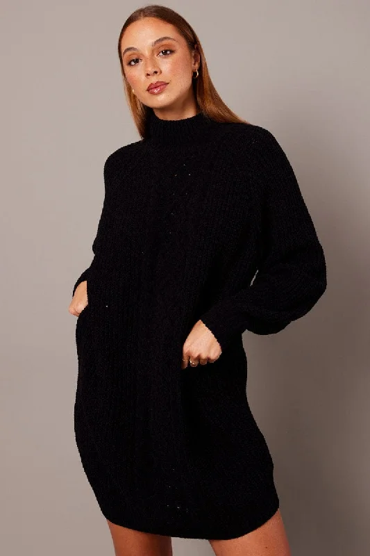 Black Knit Dress High Neck Oversized Chenille