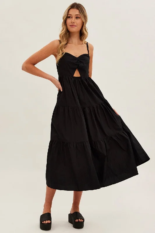 Black Maxi Dress Sleeveless Ruched Front