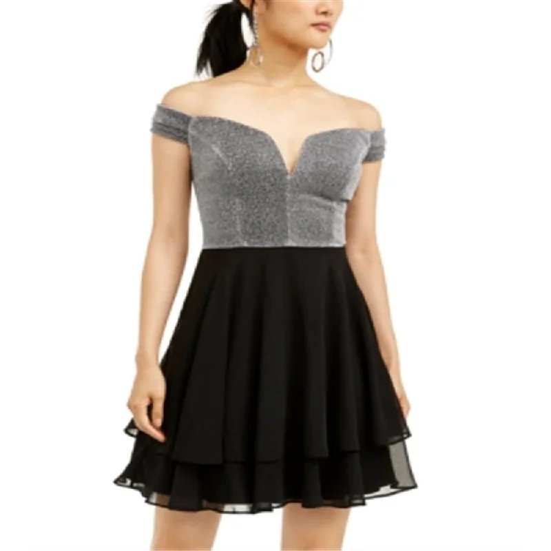 City Triangles Women's Glitter Off Shoulder Short Cocktail Layered Dress Grey Size 3