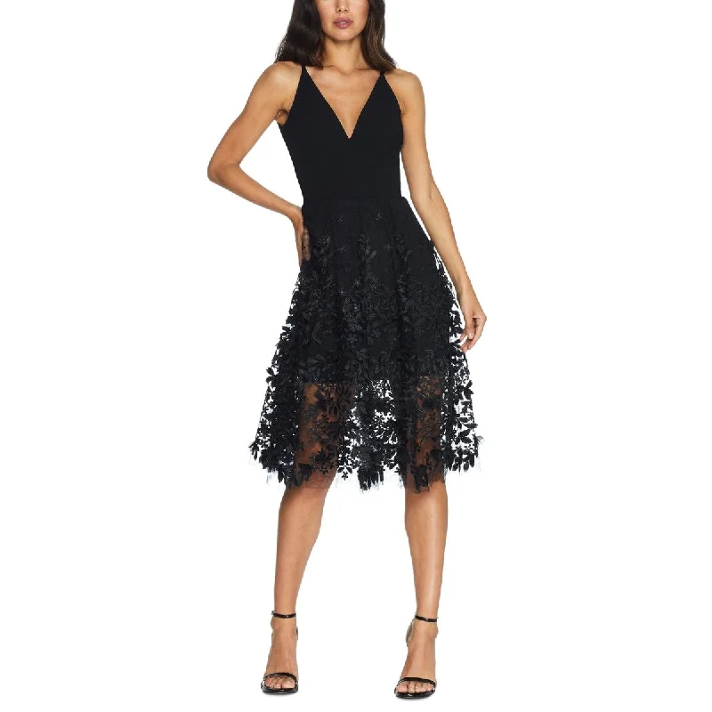 Dress the Population Women's Darleen V Neck Embroidered Mesh Cocktail Dress Black Size Medium