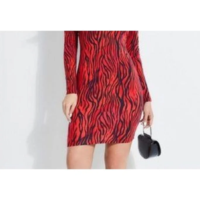 Guess Women's Sheath Cold Shoulder Animal Stripe Dress Red Size Medium