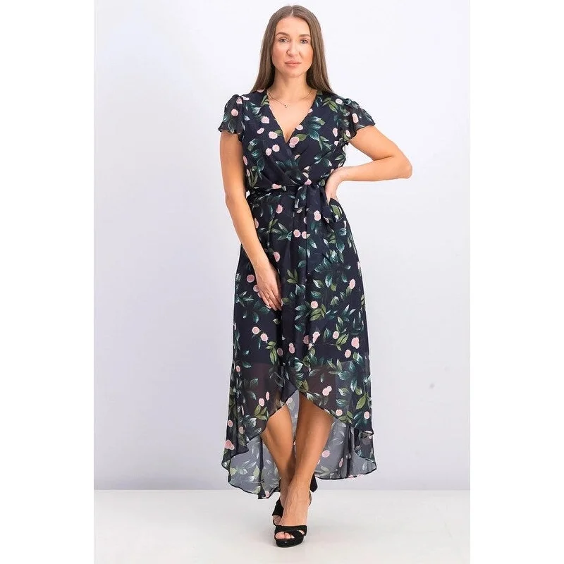 Julia Jordan Women's Floral-Print Ruffle Faux Wrap Dress Navy Size 4