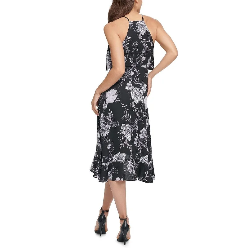 Kensie Women's Floral Sleeveless Halter Below The Knee Fit Flare Evening Dress Black Size 6