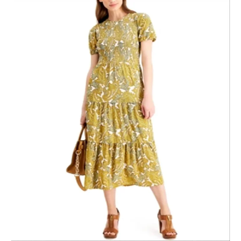 Michael Kors Women's Paisley Smocked Midi Dress Yellow Size Medium