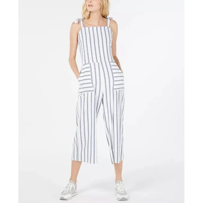 Monteau Women's Petite Striped Cropped Jumpsuit White Size PM