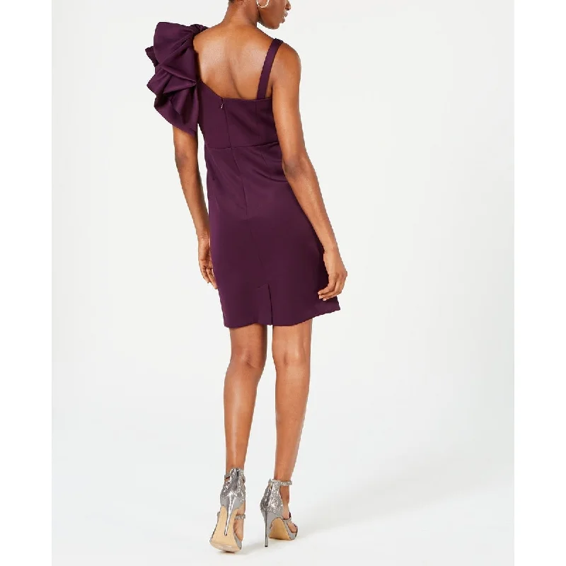 Nightway Women's Embellished Ruffled Sleeveless Asymmetrical Neckline Above The Knee Sheath Cocktail Dress Purple Size 8