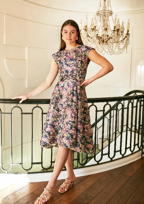 Olivia Dress Navy Palm Jacquard