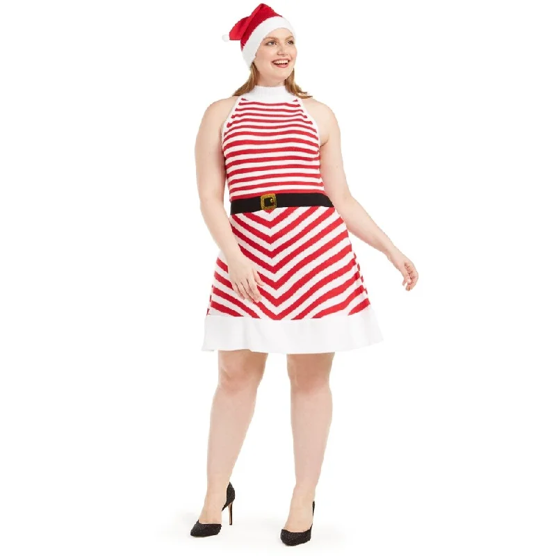 Planet Gold Women's Trendy Plus Striped Fit & Flare Dress & Santa Hat Red Size 1X