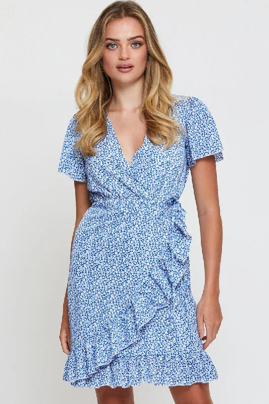 Print Wrap Dress Short Sleeve V Neck