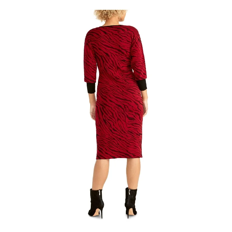 Rachel Roy Women's Long Sleeve Below The Knee Sheath Dress Red Size Large