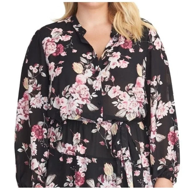 Rachel Roy Women's Plus Size Ally Floral Print Long Sleeve Dress Black Size 2X