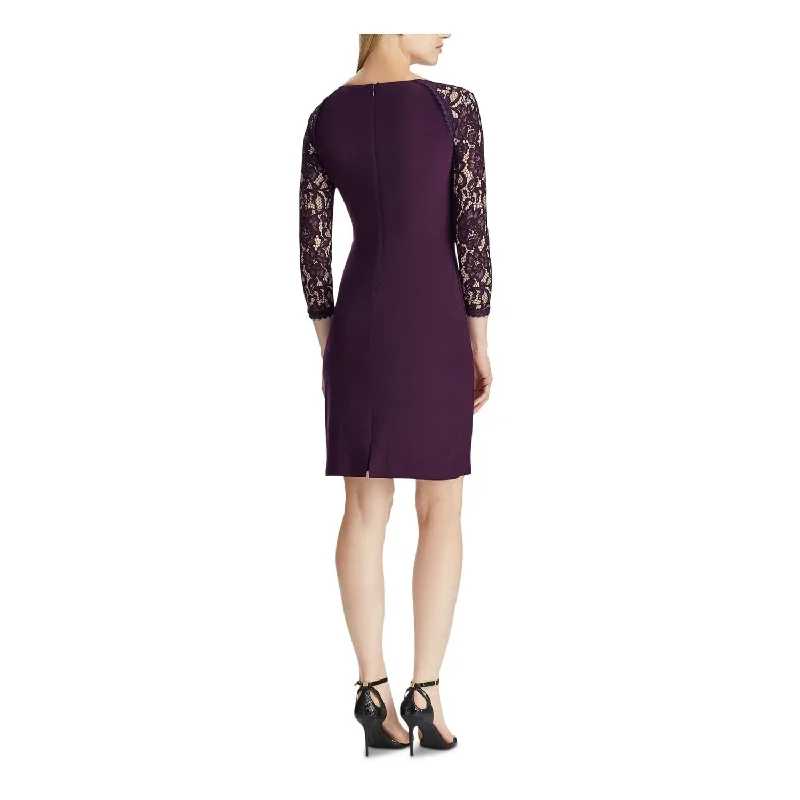 Ralph Lauren Women's 3/4 Sleeve Jewel Neck Above The Knee Body Con Evening Dress Purple Size 10