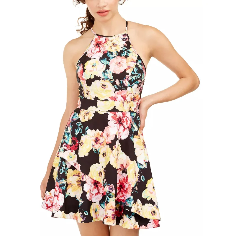 Speechless Women's Floral Sleeveless Halter Short Fit + Flare Dress Floral/ Black Size 00