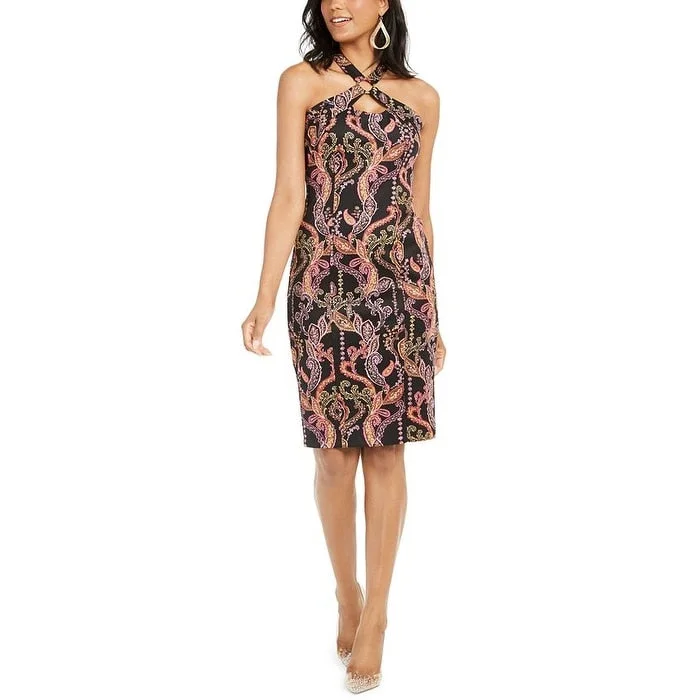 Thalia Sodi Women's Printed Halter Ring Dress Black Size XX-Large