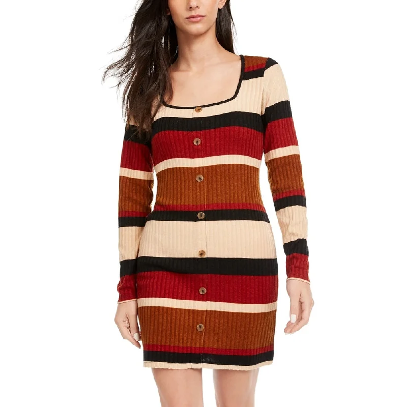 Ultra Flirt Women's Color Block Long Sleeve Scoop Neck Mini Body Con Dress Brown Size Extra Small