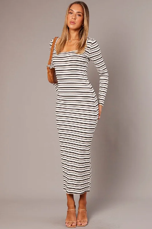 White Stripe Bodycon Dress Long Sleeve