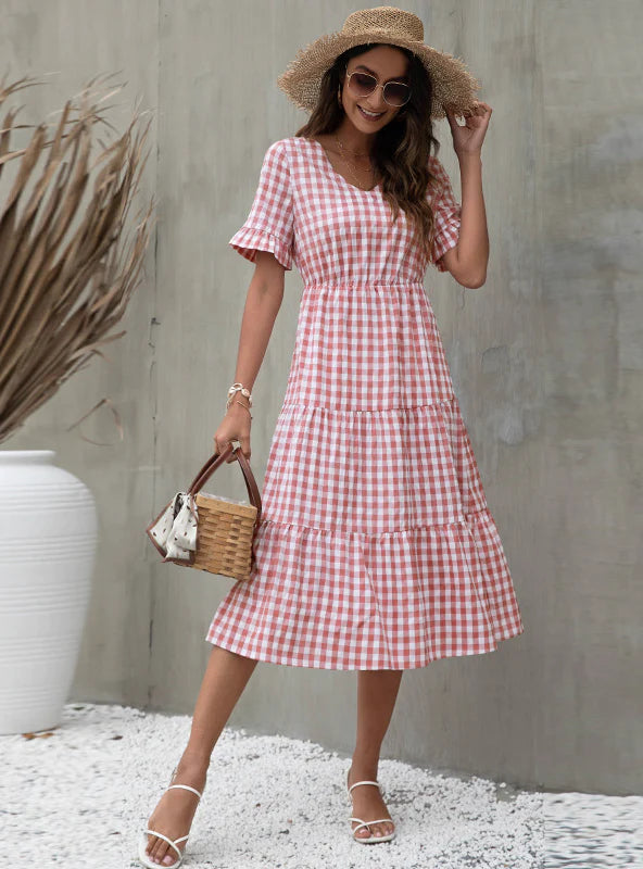 SUMMER PLAID PRINT SHORT SLEEVE DRESS