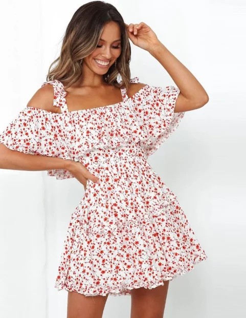 Boho Printed Mini Dress Women Slash Neck Holiday Beach Dresses A Line Short Sleeve Ruffle Dress