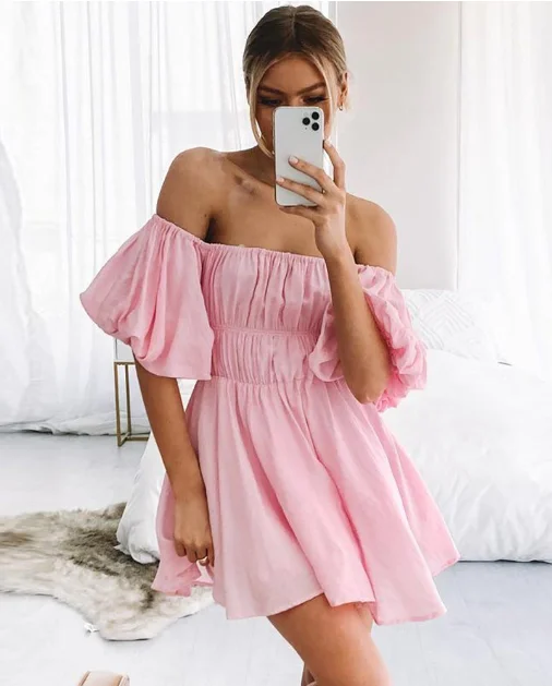 Boho Style Female Chic Sweet Dresses Fashion Solid Slash Neck High-waist Puff Sleeve Women Dress