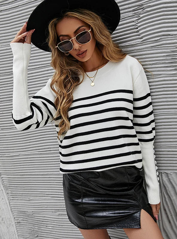 BUTTON-THREADED CUFF STRIPED SWEATER