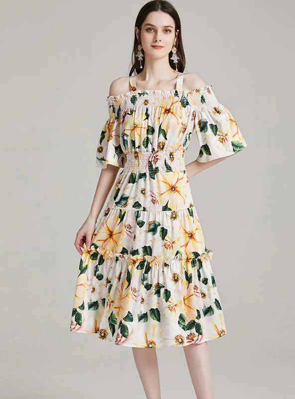 CAMELLIA SLING ELASTIC WAIST PRINT DRESS