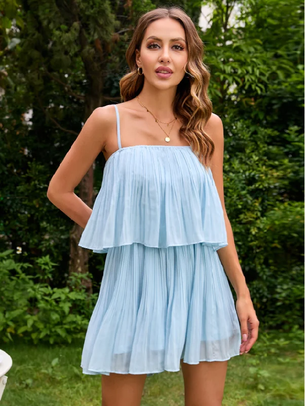 Cascading Ruffles Beach Summer Dress Women Holiday A-line Fold Blue Strap Mini Sundress