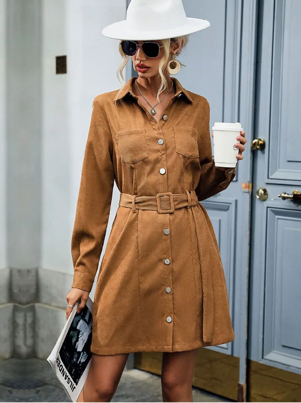 Casual Corduroy Dress Women Autumn Winter Long Sleeves Turn Down Collar Elegant Dress