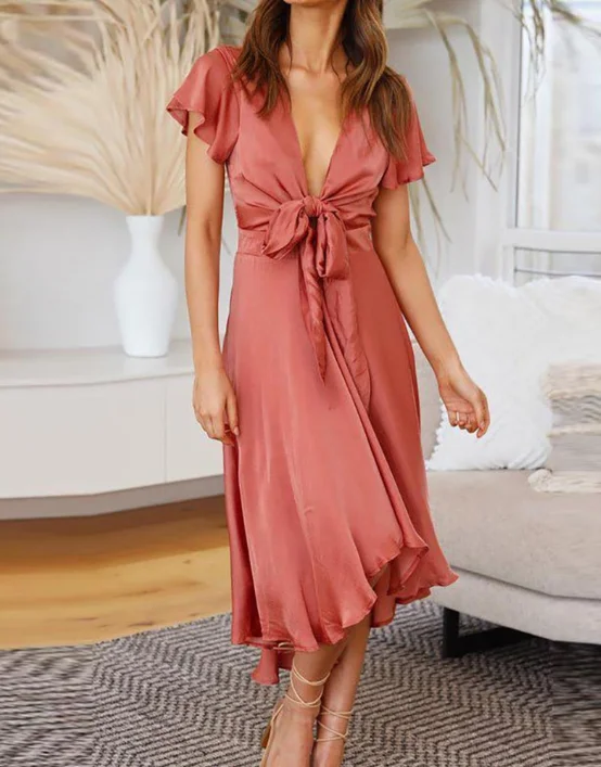 Casual Solid Color Deep V-neck Elegant Hollow Out Office Ladies Dresses