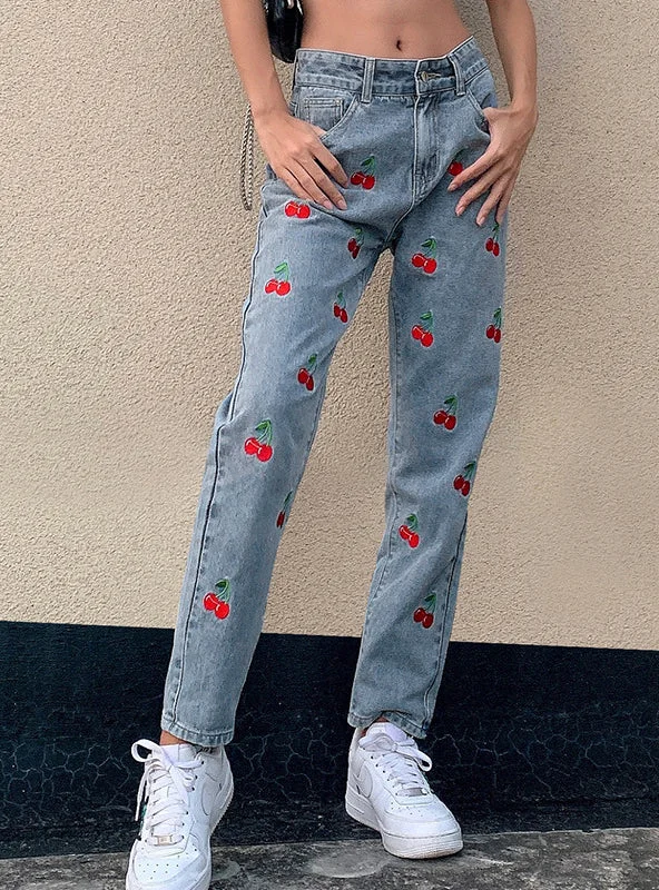 CHERRY EMBROIDERED SLIM HIGH WAIST JEANS