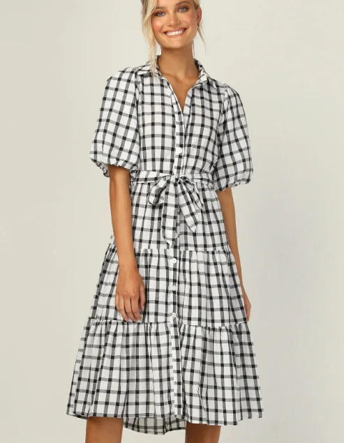 Collar Plaid Women Dress Short Sleeve High Waist Buttons Midi Dress