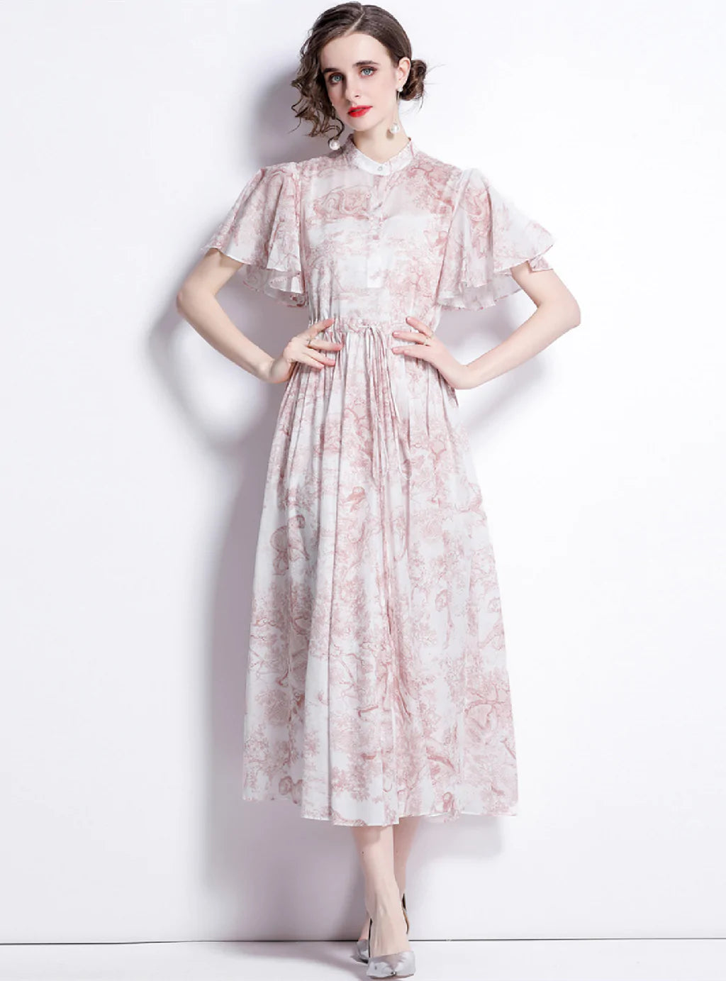 COLLAR PRINT LOTUS LEAF SLEEVE PLEATED DRESS