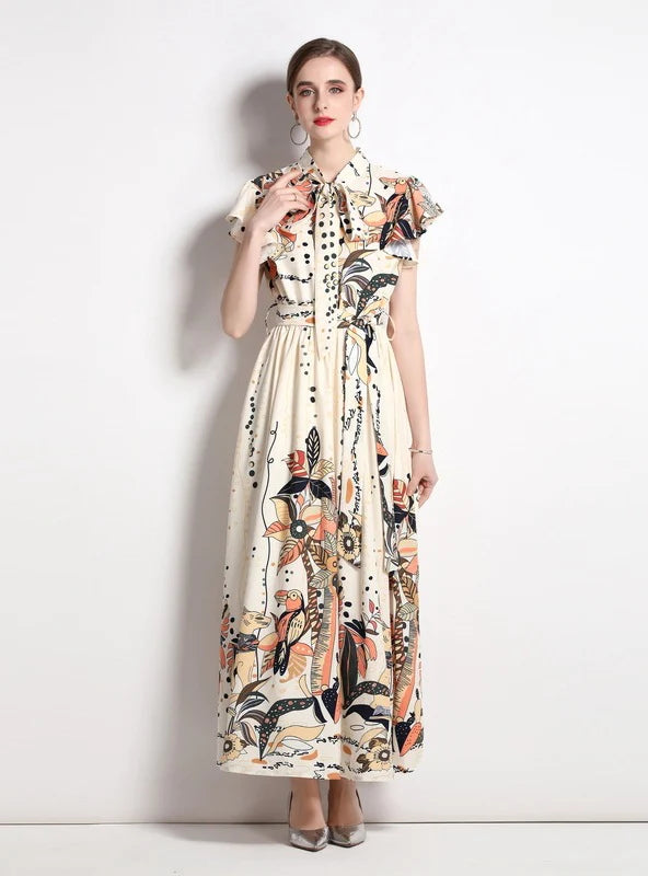 COLLAR SLEEVELESS VINTAGE PRINT DRESS