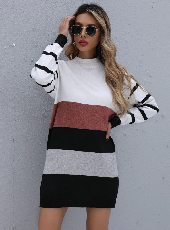 COLOR MATCHING KNITTED PULLOVER STRIPED CONTRAST SWEATER