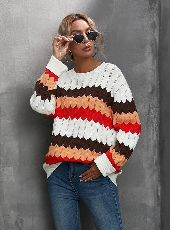 COLOR MATCHING WAVY STRIPED PULLOVER SWEATER