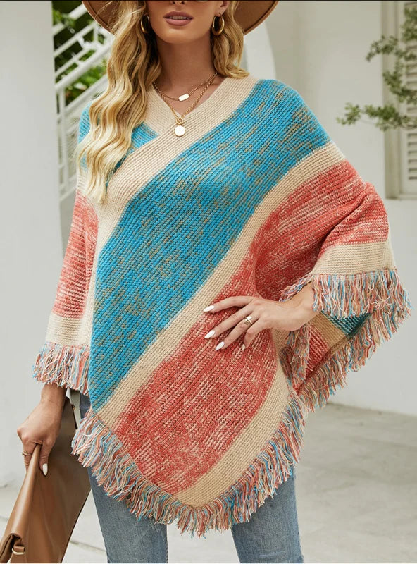 COLORED STRIPED KNITTED CLOAK FRINGED SHAWL