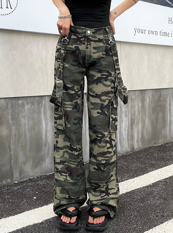 CONTRAST CAMOUFLAGE PANTS POCKET RETRO BIB PANTS