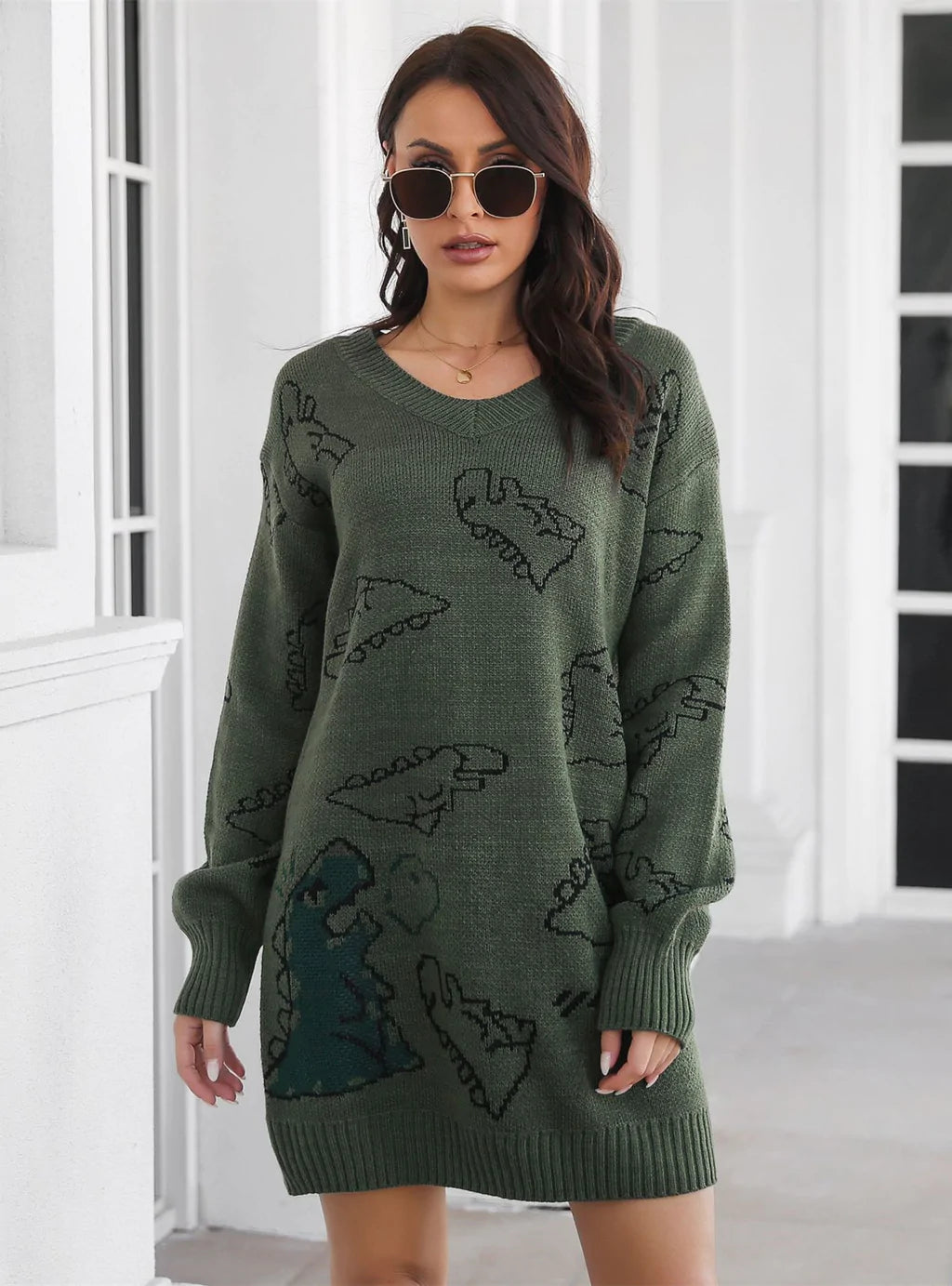 DINOSAUR JACQUARD V-NECK LONG SLEEVE SWEATER DRESS