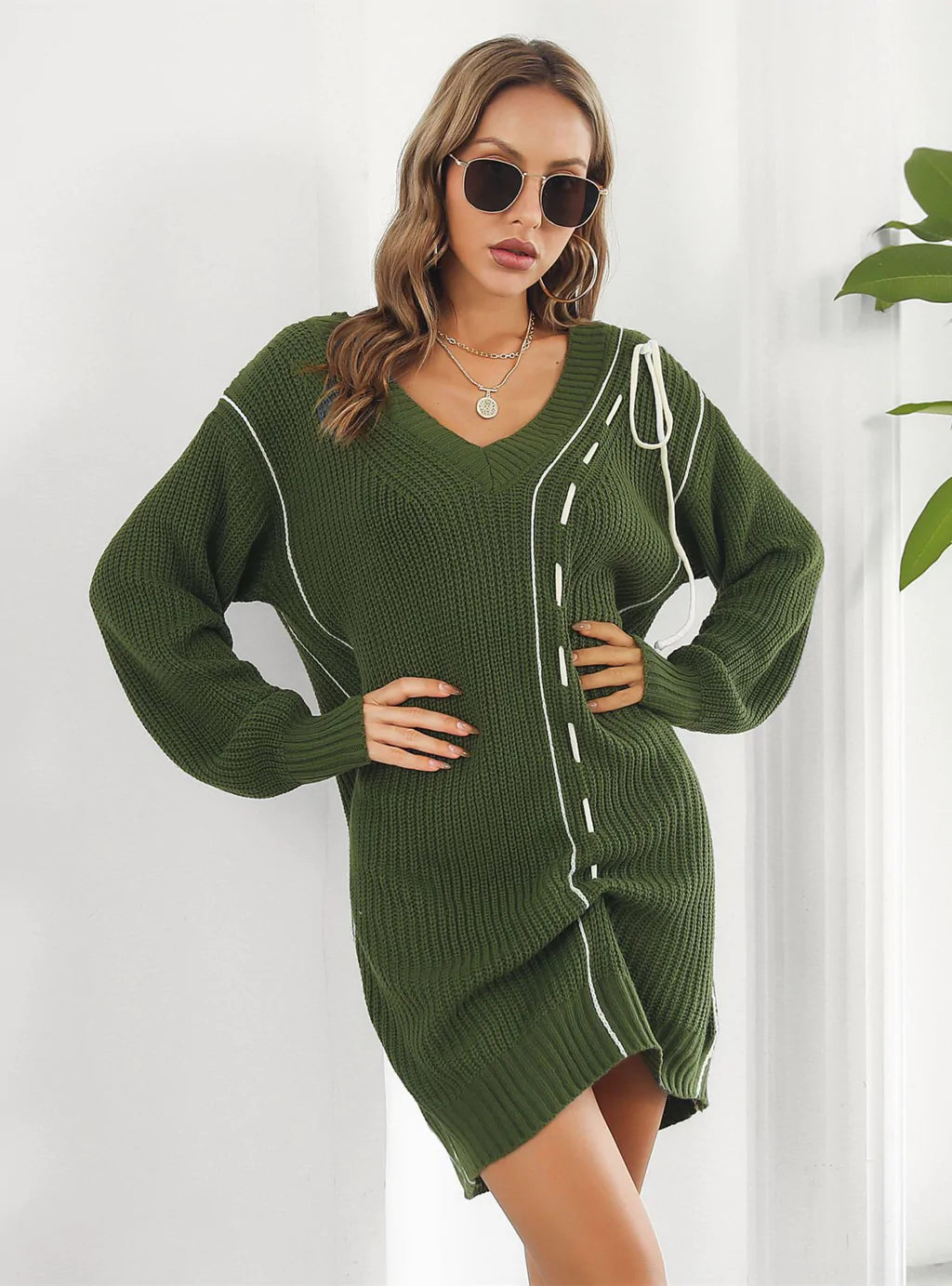 DRAWSTRING V-NECK LONG SLEEVE SWEATER DRESS