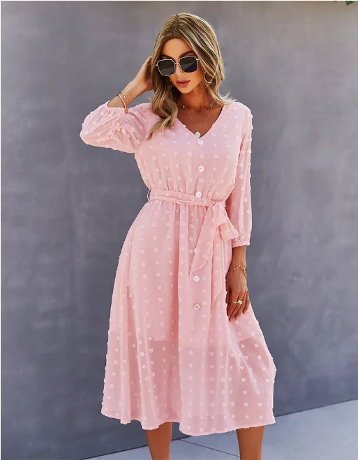 Elegant Half Sleeve Women Dress Casual V-neck Buttons Midi Dress Ladies A Line Women Dress