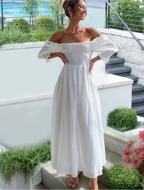 Elegant Slash Neck Dot Women Party Dress Summer White Off Shoulder Pleated Jacquard Maxi Dresses