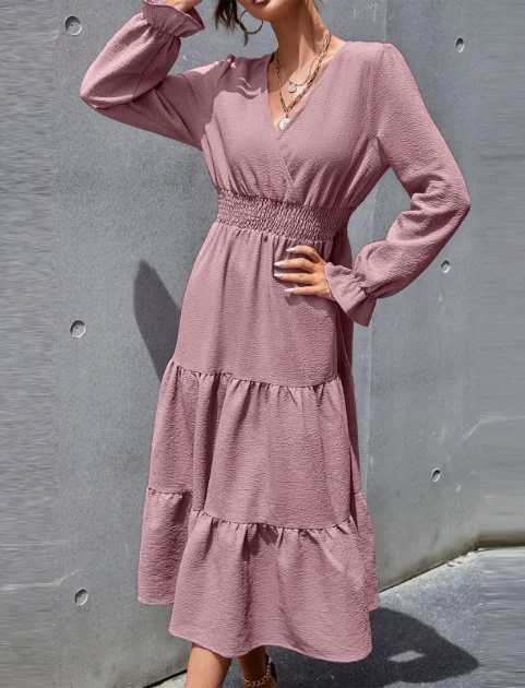 Elegant Solid Color Ruffles Long Maxi Dress Ladies Casual Slim Fit V Neck High Waisted Mid Dress