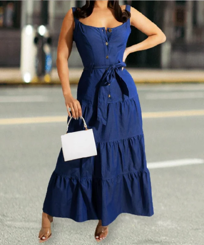 Elegant Square Neck Denim Sleeveless Lace Up Blue Jeans Maxi Dress Evening Dresses