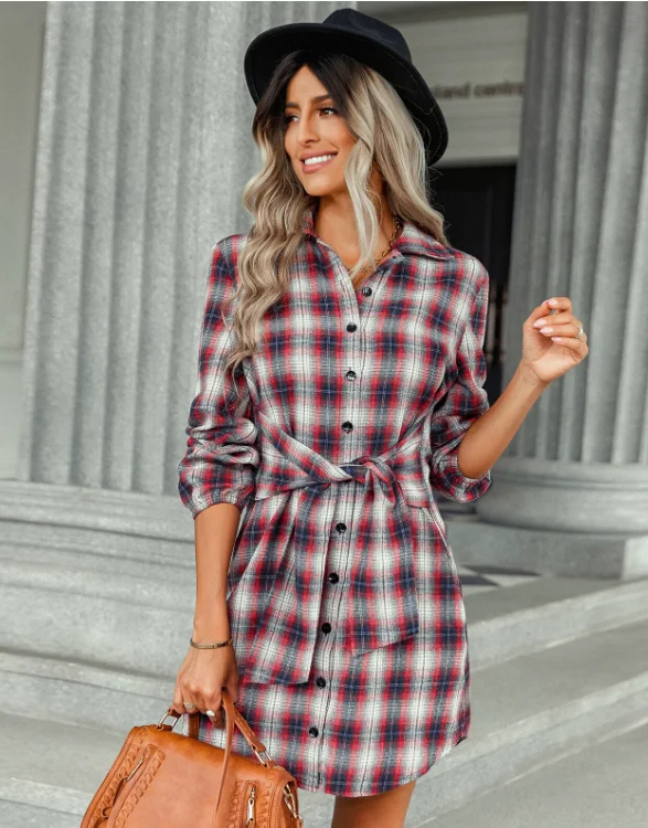 Elegant Turn-down Collar Plaid Autumn Bandage Waist Slim England Shirt Dress