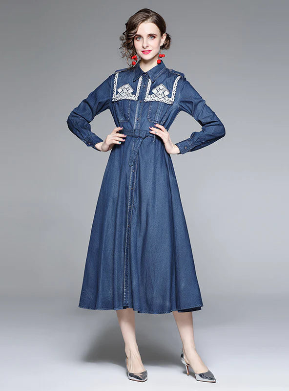 EMBROIDERED DENIM SLIM WAIST DRESS