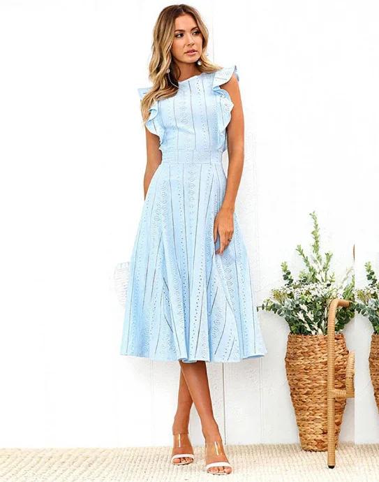 Embroidery Women Hollow Out Ruffled Holiday Summer Dress Casual Sexy Beach Dress