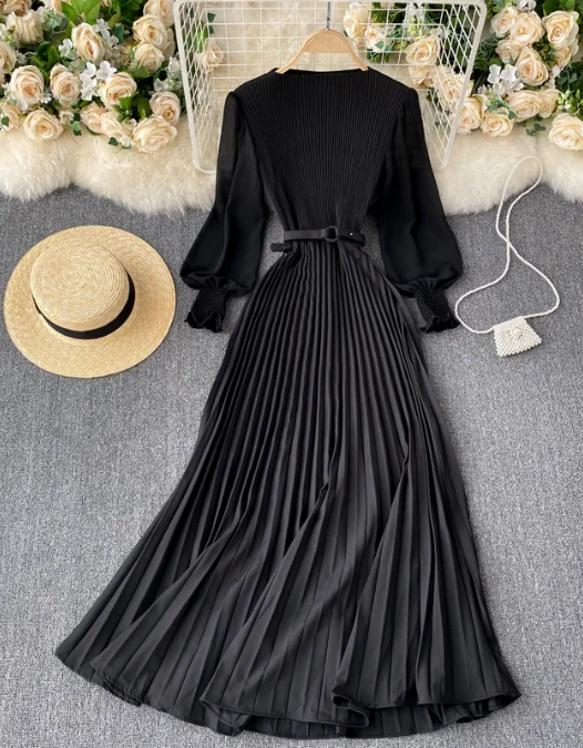 Fashion Modern Design Women's Elegant Round Neck Long Sleeve French Pleated Long Skirt