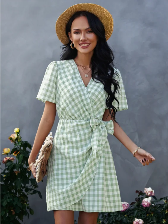 Fashion Plaid Vintage Casual Summer Dress Short Sleeve Sash Wrap Women Dress